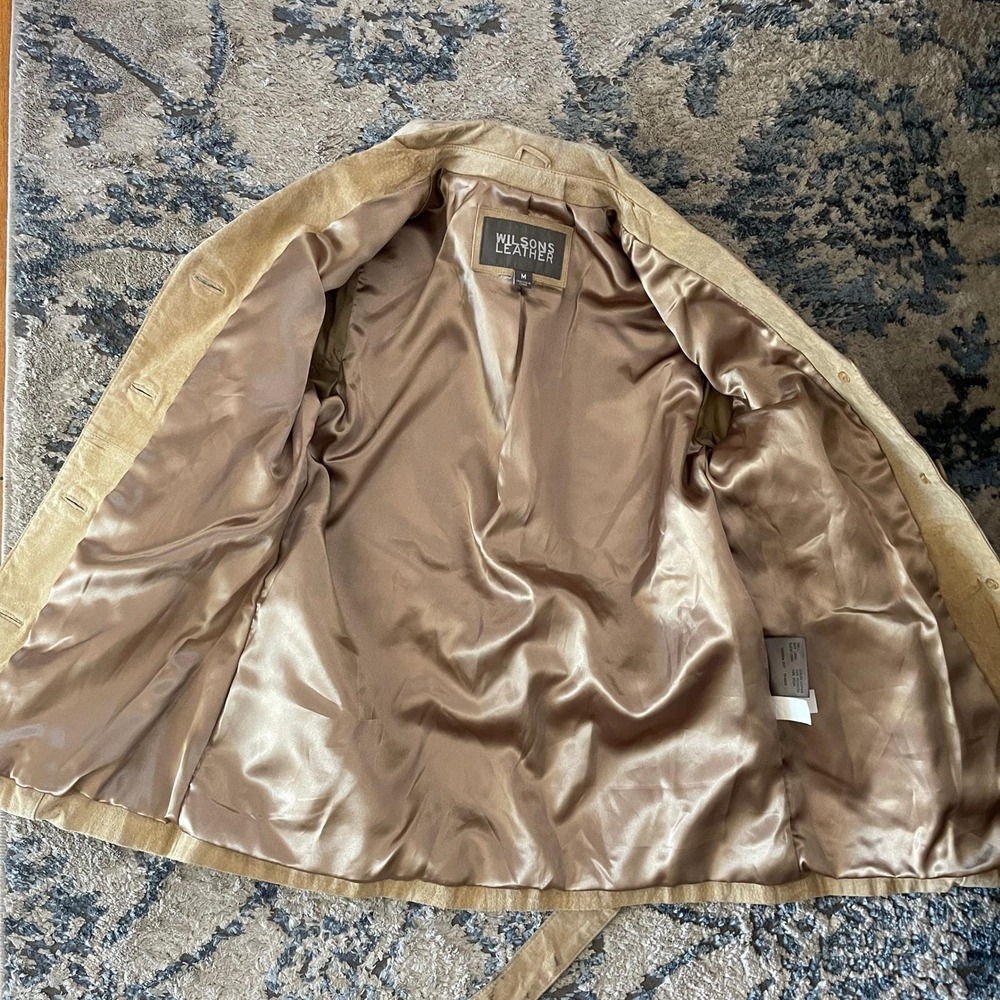 Y2K Wilsons Leather‎ Tan Suede Belted Jacket Button Front Coat Boho Womens M - Picture 10 of 11